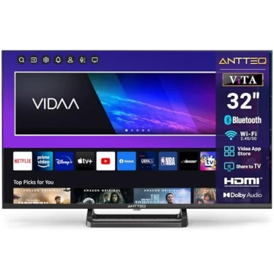 Afbeelding van Antteq ViTA 32 inch Smart TV (81 cm) TV, Vidaa App Store, Bluetooth spraakafstandsbediening DAZN/YouTube/Netflix/Prime Video, Triple Tuner, WLAN, HDMI, 2025