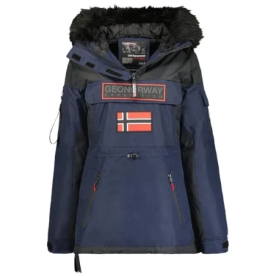 Afbeelding van Geographical Norway Bruna Lady Lange parka voor dames, dik, warm, herfst, winter, dunne jas, capuchon, imitatiebont, winddichte elegante donsjack dames (marineblauw, XL), Marineblauw, XL