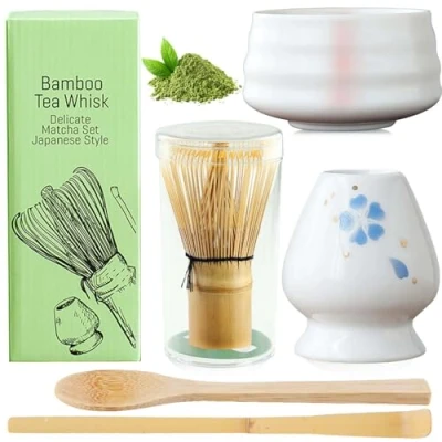 Afbeelding van BAIFULAI matcha set, 5 delige theeset, garde, kom van keramiek, theelepel, gardehouder, Japanse accessoires voor ceremonie (wit)