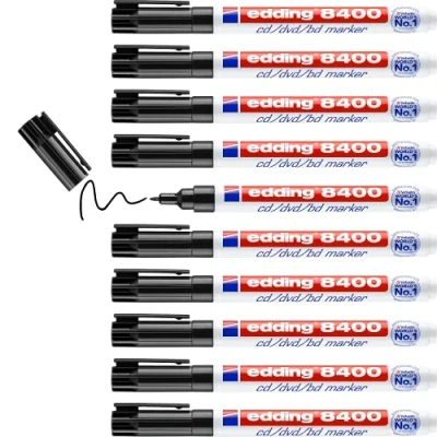 Afbeelding van edding 8400 CD/DVD/BD marker zwart 10 stiften ronde, fijne punt 0,5 1 mm voor het permanent beschrijven van CD&#039;s, DVD&#039;s en Blu Ray Discs