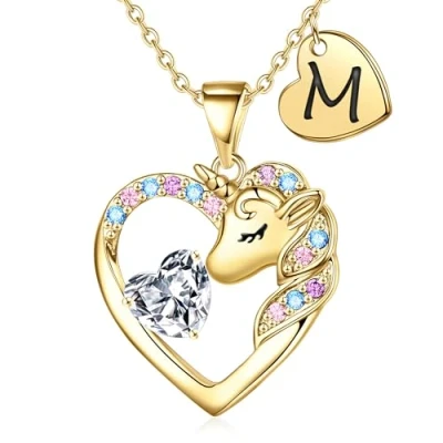Afbeelding van TINGN Eenhoorngeschenken voor meisjes ketting 14 karaat vergulde eenhoorn meisje hart met letters halsketting geschenken sieraden verjaardagscadeau