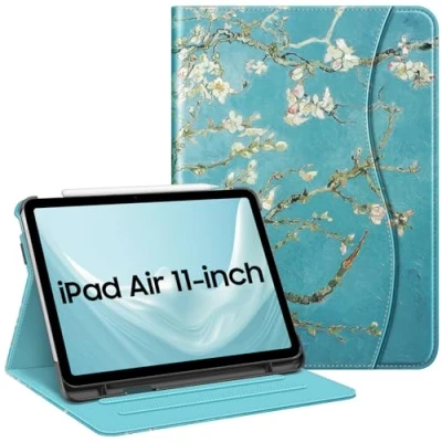 Afbeelding van Fintie Hoes voor iPad Air 4 2020 10.9 inch (Ondersteunt 2e Generatie Potlood, Draadloze Oplaadfunctie), Multi hoek Bekijken Folio Stand Beschermhoes met Documentsleuven Auto Sleep/Wakee, Amandelbloesem