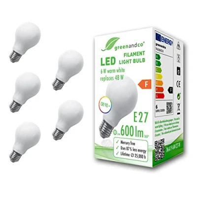 Afbeelding van 5 stuks greenandco® CRI90+ filament LED lamp vervangt 48 Watt E27 mat, 6W 600 Lumen 2700K warm wit gloeidraadlamp 360 230V AC glas, niet dimbaar, flikkering vrij