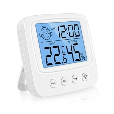 Afbeelding van Vinabo digitale hygrometer voor binnen, hoge precisie, kantoorthermometer met temperatuur en vochtigheidsmonitor, achtergrondverlichting, klok