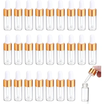 Afbeelding van 25 stuks minipipetflessen, 5 ml, helder glazen fles, herbruikbare fles van glas met druppelaar, navulbare kleine monsterflesjes voor etherische oliën, massages en aromatherapie, oliemonsters
