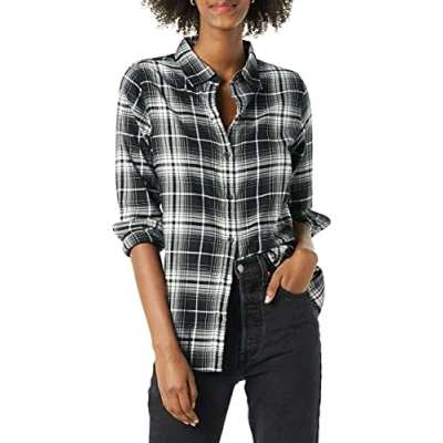 Afbeelding van Amazon Essentials Women&#039;s Lichtgewicht geruite flanellen overhemd met klassieke pasvorm en lange mouwen, Zwart Wit Grote ruiten, M