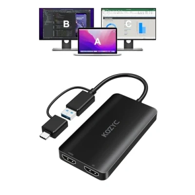 Afbeelding van KOZYC USB 3.0 to HDMI Splitter Extended Display Dual Monitors, A/C naar Adapter 4K@30Hz+1080p@60Hz Compatible With MacBook/MacBook Pro Air Dell (MST Support MacOS/Windows)