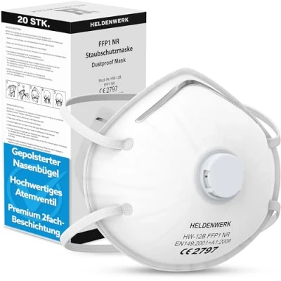 Afbeelding van HELDENWERK® Adembeschermingsmasker in set van 5, 10 of 20 stuks, premium ademmasker, perfect aanpasbaar FFP1 mondbescherming, fijnstofmasker, stofmasker voor slijpen enz