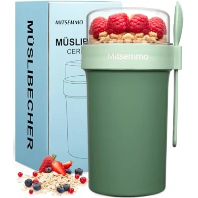 Afbeelding van Mitsemmo mueslibeker to go, 760 ml + 230 ml, yoghurtbeker go met lepel, cornflakes mueslibeker, soepbeker, mueslikomkom, ontbijtdoos, yoghurtdoos beker (groen)