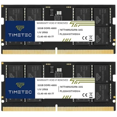Afbeelding van Timetec DDR5 PC5 38400 Niet gebufferde ECC 1.1V CL40 1Rx8 Enkele Rank 288 pins Geheugen RAM module Upgrade (64 GB Kit (2x32GB) SODIMM 4800MHz)