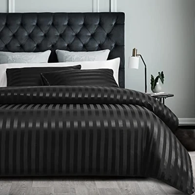 Afbeelding van Damier Beddengoed 135 x 200 cm zwart satijn gestreept dekbedovertrek set zijdeachtig glanzend hoogwaardig met verborgen ritssluiting en kussensloop 80