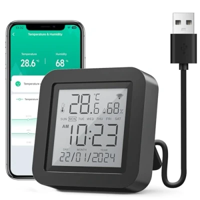 Afbeelding van GHome Smart wifi hygrometer, afstandsbediening met IR, verbinding netwerk (2,4 GHz), compatibel Alexa en Google, voor gebruik in huizen, kelders kassen, 1 stuk