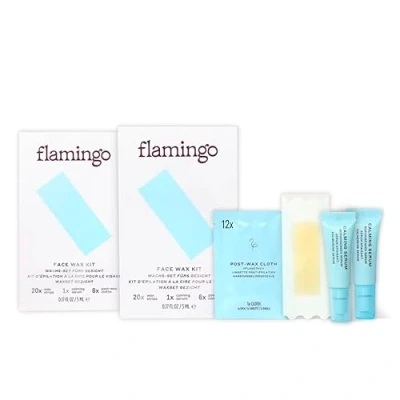 Afbeelding van Flamingo waxset voor het gezicht vrouwen met 40 wasstrips gezicht, 2 huidkalmerende serums en 12 verzorgingsdoekjes daarna