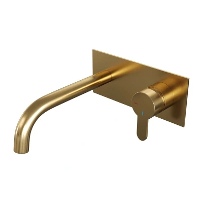Afbeelding van Brauer Gold Edition Wastafelmengkraan inbouw gebogen uitloop links hendel plat smal afdekplaat model D 1 PVD geborsteld goud