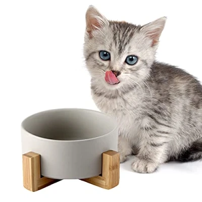Afbeelding van SPUNKYJUNKY Keramische voerbak met bamboe standaard voor katten en kleine honden (400 ml, grijs enkel)