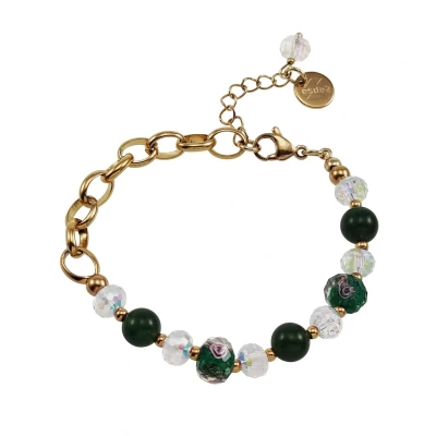 Afbeelding van 16cm tot 20cm Armband Dames Verguld RVS Ovale Schakelarmband met Groenen Glaskralen en Murano Verstelbaar