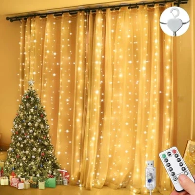 Afbeelding van Lezonic Gordijn kerstverlichting, waterdicht, 3 x m, 300 leds, met 8 modi, afstandsbediening, timer en verstelbare helderheid, gordijnverlichting, inplugbaar, geschikt voor slaapkamer, tuin, feest, bruiloft kerstmis, warm wit