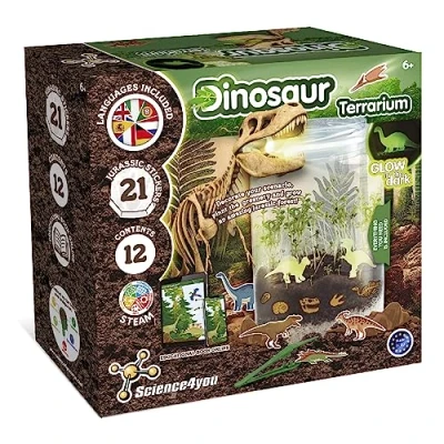 Afbeelding van Science4you Dinosaurus Terrarium Kit + Glow in the Dark Dinosaurussen voor Kinderen, 21 Jurassic Stickers, Speelgoed en Spelletjes Geschenken Jongens Meisjes 6+ Jaar