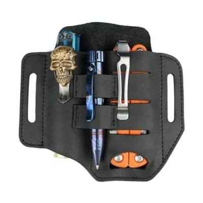 Afbeelding van VIPERADE PJ13 EDC lederen schede, multitools holster/gereedschap holster/mesriem holster/zaklamp schede voor Leatherman multitools/messen, handgemaakte 3 zakken organizer holster (Zwart)