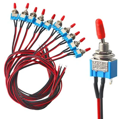 Afbeelding van QitinDasen 10 stuks professionele 3 A 250 V/6 125 V auto mini tuimelschakelaar met voorbedrade, SPST polig rocker tuimelschakelaar, aan/uit 2 positie metalen hendel