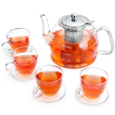 Afbeelding van theepot met zeefinzet, 1200 ml theeservies 4 dubbelwandige glazen, borosilicaatglas, theepot, glazen zeef, thee ei voor losse bladeren, pot set vaatwasmachinebestendig ..