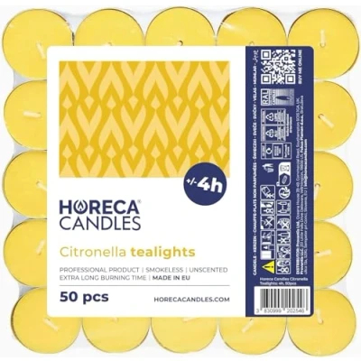 Afbeelding van Horeca Candles Theelichtjes met Citronella Set van 50 Geurende Kaarsen Brandduur 4 uur Geel Voor Buiten, Balkon, Picknick, Camping