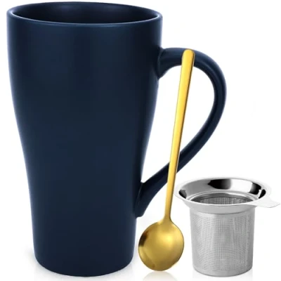 Afbeelding van grote kop 500ml theekop met deksel en zeef, keramische koffiekop lepel onderzetter, Verjaardagscadeau