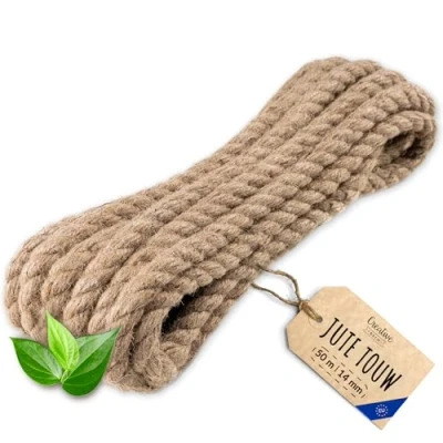 Afbeelding van Creatief Deco Jute Touw 50m Lengte 14mm Dikte Sterk en Duurzaam Gedraaid Natuurvezeltouw Bruin Decoratief Voor Toepassingen: Balustrades, tuin thuisprojecten