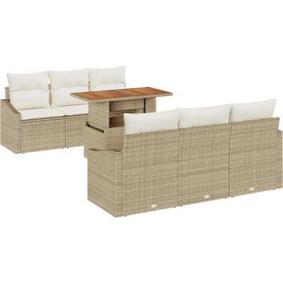 Afbeelding van vidaXL 7 delig Tuin Eetset met Kussens Beige Poly Rattan Acacia
