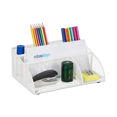 Afbeelding van Relaxdays bureau organizer metaal 5 vakken pennenbak wit pennen groot