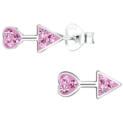 Afbeelding van JoyS Zilveren hartje pijl oorbellen 5 x 10 mm roze kristal sterling zilver 925