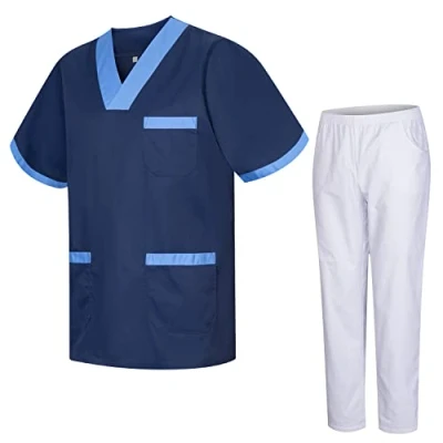 Afbeelding van MISEMIYA Gezondheidsuniform, uniseks, medische gezondheiduniformen met witte broek, 817 8312 wit, blauw 8171 8, M