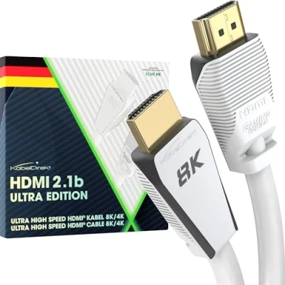 Afbeelding van KabelDirekt 8K HDMI 2.1 kabel, gecertificeerde Gamer editie 2 m (8K@60Hz, Ultra High Speed/48G voor 10K, of ultrasnel 144 Hz bij 4K, optimaal PS5/Xbox en Gaming PC, Monitor/TV, wit)