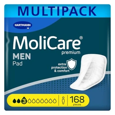 Afbeelding van MoliCare Mannen Pad 3 druppels discrete incontinentiepads voor mannen, bescherming tegen lichte lekken met anti lekbeschermers, direct droog gevoel, geavanceerde huidbescherming, 168 stuks