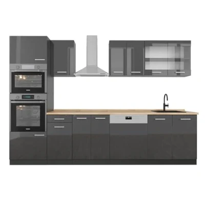 Afbeelding van Vicco Complete keukeneenheid R Line, Antraciet hoogglans/antraciet, 300 cm met hoge kast, zonder werkblad