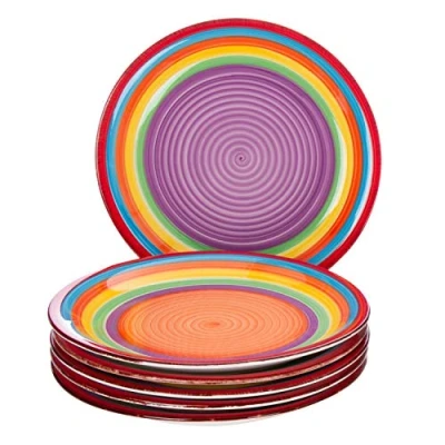 Afbeelding van MamboCat 6 delig dinerborden set Ibiza ronde kleurrijke menu plaat plat serveren servies buffet aardewerk regenboogkleuren regenboog