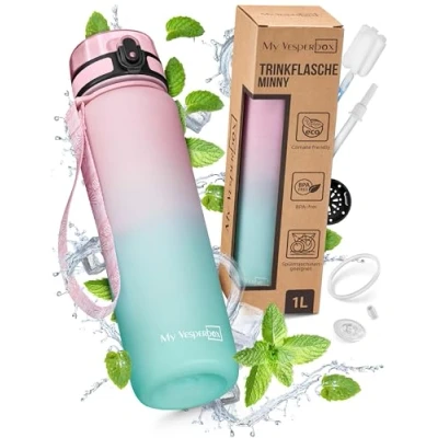 Afbeelding van My Vesperbox Minny Drinkfles voor kinderen, lekvrij, 1 l, met rietje of zeef, lichte Tritan waterfles, BPA vrij, kleuterschool, school (roze, turquoise, liter)