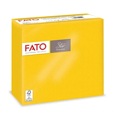 Afbeelding van Fato, Wegwerp papieren servetten, zachtheid en pluizigheid, verpakking van 40 grootte 38 x gevouwen in 4 2 lagen, kleur geel, 100% zuiver cellulosepapier, FSC gecertificeerd