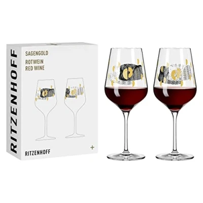 Afbeelding van Ritzenhoff 3401002 rodewijnglas, 400 ml, serie Sagengold nr. 2, set van 2 met druivenmotief, echt goud, Made in Germany