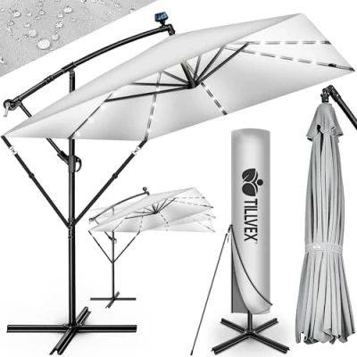 Afbeelding van tillvex® Aluminium Parasol rechthoekig Ø 330 cm met led zonne energie + afdekking zwengel Zweefparasol standaard en windscherm, uv bescherming, waterdicht, 360 graden draaibaar