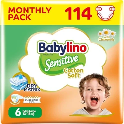 Afbeelding van Babylino Sensitive Cotton Soft, luiers, maat 6, extra groot (15 30 kg), 114 stuks