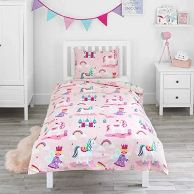 Afbeelding van Bloomsbury Mill beddengoed 135 x 200 cm met eenhoorn, prinses en regenboog voor kinderen, kinderbeddengoedset meisjes, omkeerbaar kussensloopset, roze paars, eenpersoons