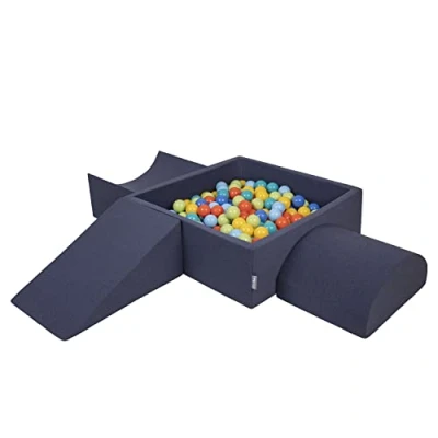 Afbeelding van KiddyMoon Speelplaats van schuimrubber met vierkant ballenbad (200 ballen) balkuilen voor baby&#039;s, speelbad, obstakels, gemaakt in de EU, donkerblauw: lichtgroen/oranje/turquoise/blauw/blauw/geel
