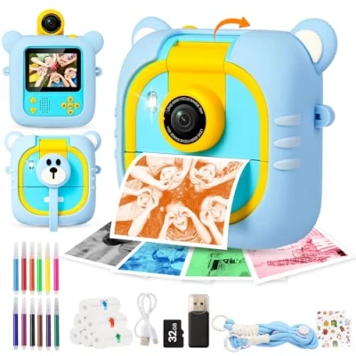 Afbeelding van Kids Camera Instant Print met 180 Lens,2.4&quot; Scherm + 7 Fotopapier (Kleur/Zwart Wit),1080P HD Video &amp; 32 GB Kaart,M2