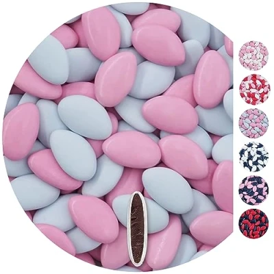 Afbeelding van EinsSein 1kg chocolade dragees Mix lichtroze lichtblauw bruiloft chocoladebollen choco choups omhuld confetti rokante koekjes candy bar candybar geboorte communie geschenken voor gasten