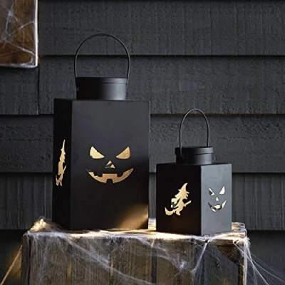 Afbeelding van Lights4fun Set van 2 led Halloween lantaarns, decoratie, buiten, timer, werkt op batterijen, binnen en buiten
