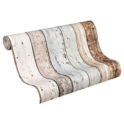 Afbeelding van A.S. Création Vliesbehang Behang met houtlook in Bruin, Blauw en Beige voor diverse ruimtes Muurbehang 10,05 m x 0,53