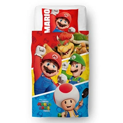 Afbeelding van Character World Nintendo Super Mario Movie Officiële Single Childs Dekbedovertrek set Jump Design omkeerbaar 2 zijdig beddengoed inclusief bijpassende kussensloop merken eenpersoonsbed Polykatoen