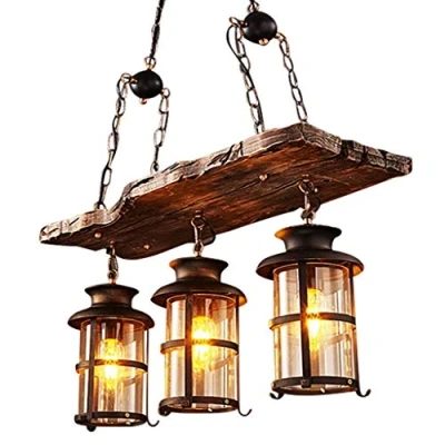 Afbeelding van Vintage hanglamp, E27, industriële retro houten zwart, ijzeren en glazen lampenkap, in hoogte verstelbaar, design, hanglamp voor eetkamer, woonkamer, bar, café