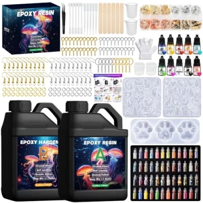 Afbeelding van UCAMP 1020ml Epoxyhars,Transparante epoxyhars,1:1 epoxyhars ambachten,epoxyharsset voor beginners met verf,houten stok,lepel,wanten,maatbeker, pincet,glitterpoeder,voor handwerk,doe het zelf sieraden